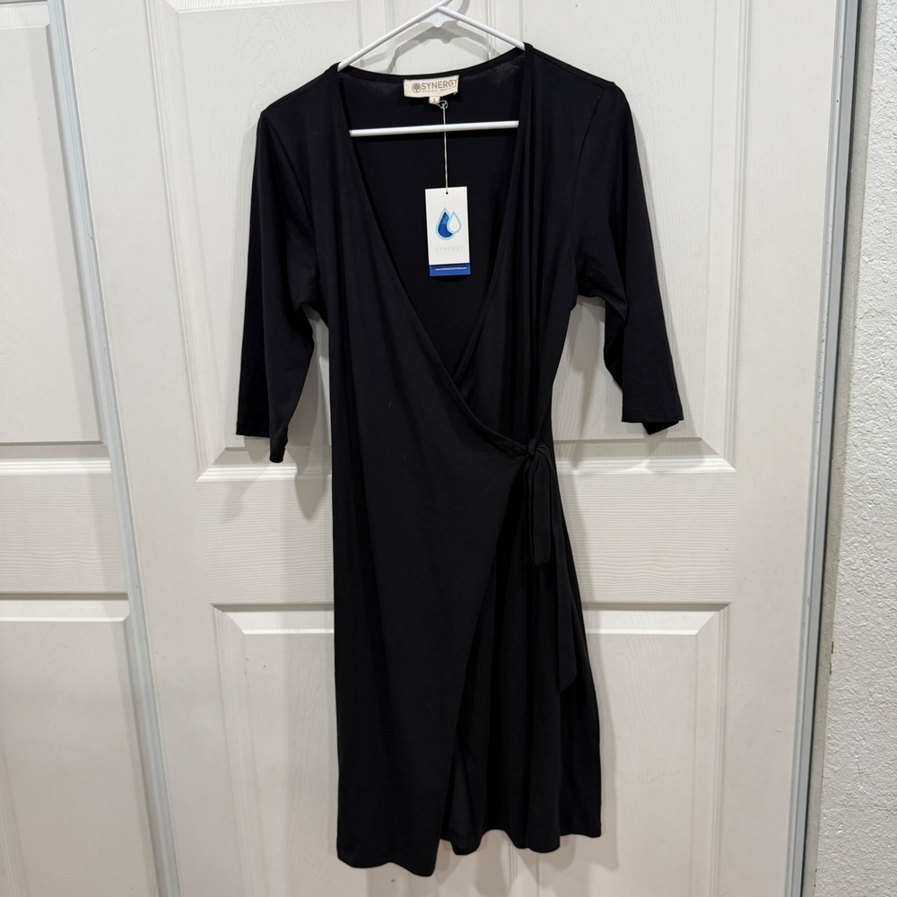 Synergy Organic Clothing Black 3/4 Sleeve Wrap Dress BWD1 Size L NWT